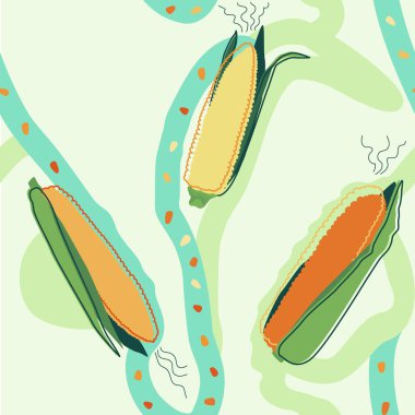 Örnek minimalist doğrusal çizim, yeşil yapraklı ve çekirdekli gradyan mısır koçanı. Yemek ve tasarım elementi. Vektör illüstrasyonu