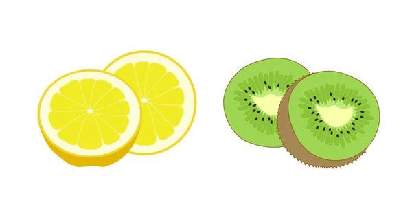Ілюстрація Здорового Поживного Лимона Ківі Плоди Цілі Вирізані Шкіркою Мінімалістичному — стоковий вектор