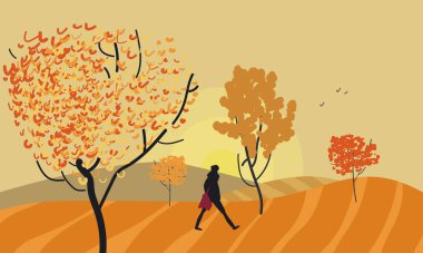 Sonbahar manzarası ılık tonlarda, turuncu, kırmızı ve altın yapraklı ağaçlar ve çantalı bir adamın silueti. Beyaz arka planda izole edilmiş vektör çizimi. Vektör illüstrasyonu
