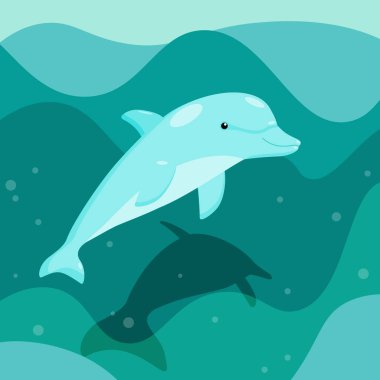 Denizde yüzen bir yunusun çizgi film karakteri mavi tonlarda minimalistiktir. İzole vektör çizimi. Vektör illüstrasyonu