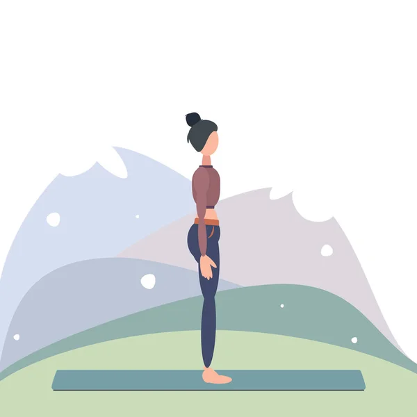 Una Donna Pratica Yoga Posa Montagna Tadasana Una Vetta Montagna — Vettoriale Stock