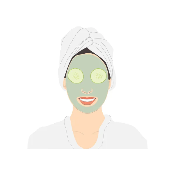 整容的面部护理 面带微笑的女性 眼睛上长着黄瓜 脸上涂上绿色面罩 皮肤状况良好 白色背景中的病媒被隔离 矢量说明 — 图库矢量图片