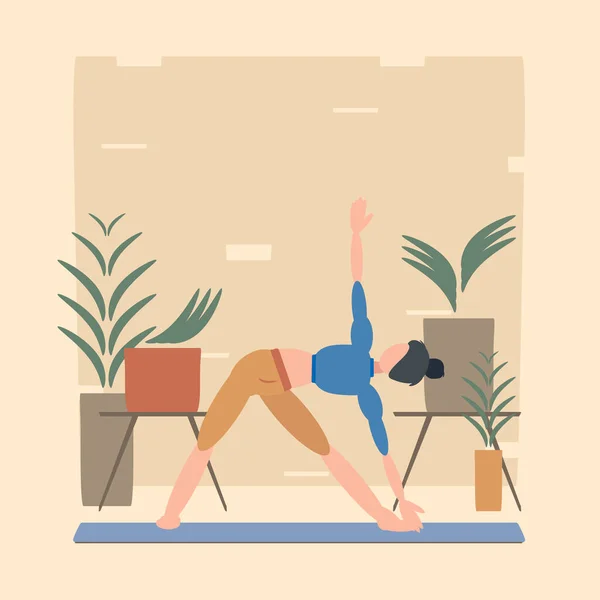 Una Donna Pratica Yoga Nella Posa Triangolo Trikonasana Sullo Sfondo — Vettoriale Stock