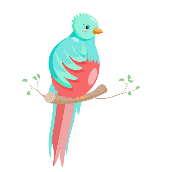 Tecknad Fågel Quetzal Karaktär Träd Gren Med Blad Vit Bakgrund — Stock vektor