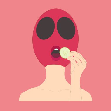 İnsan omuzlu, bej renkli, şekilleri vurgulayacak çizgileri olan, ahududu kafalı, büyük boş gözlü, pembe arka planda izole edilmiş salatalık yiyen bir karakter. Vektör illüstrasyonu