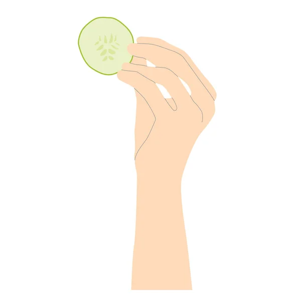 Vrouwelijke Hand Met Een Plak Komkommer Minimalistische Stijl Met Lijnen — Stockvector