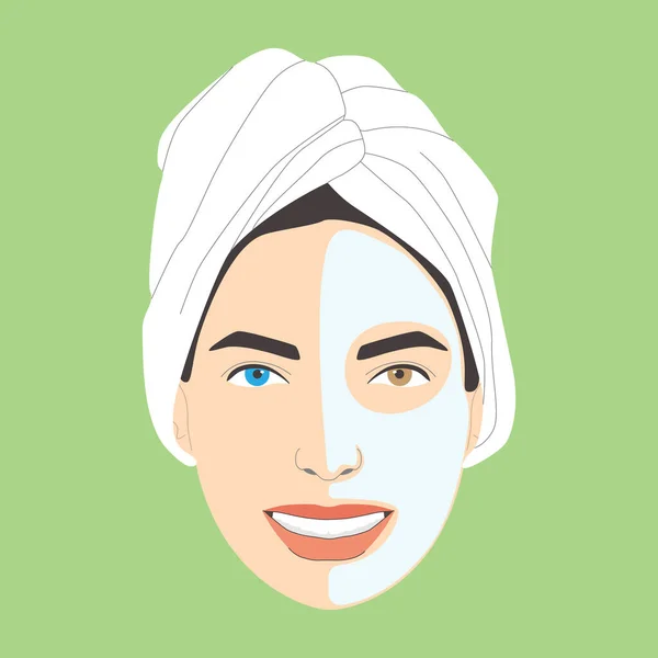 化妆品护理 微笑的女人 头戴半面面具 头戴毛巾 有着不同的彩色眼睛 绿色背景下孤立的病媒 矢量说明 — 图库矢量图片