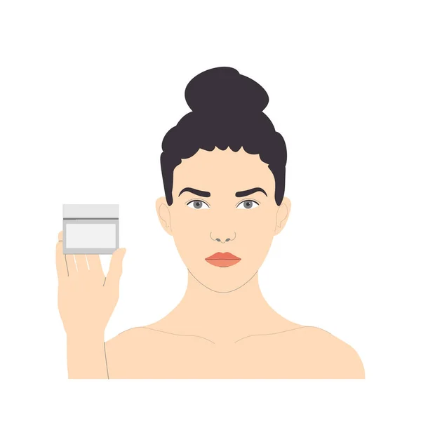 面部护理 捆着头发的妇女手里拿着一个装有化妆品的罐子 病媒被白色背景隔离 矢量说明 — 图库矢量图片