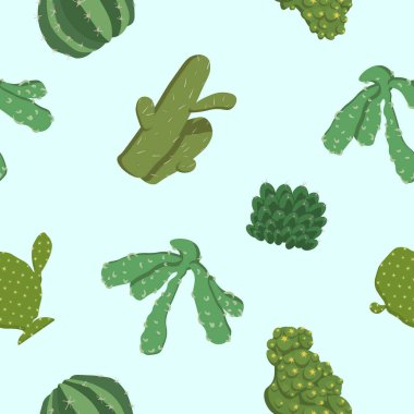 Farklı şekillerde desenli kaktüsler, kusursuz arkaplan çizimleri. Tasarım ögesi, açık mavi arkaplanda izole edilmiş vektör. Vektör illüstrasyonu