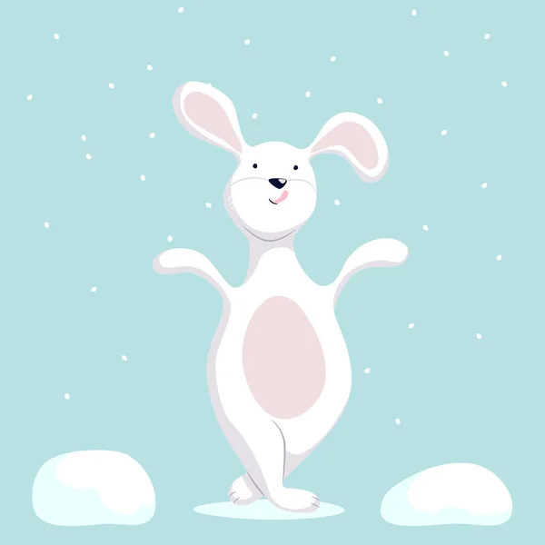 Conejo Blanco Está Parado Calle Invierno Regocija Nieve Blanca Ilustración — Archivo Imágenes Vectoriales