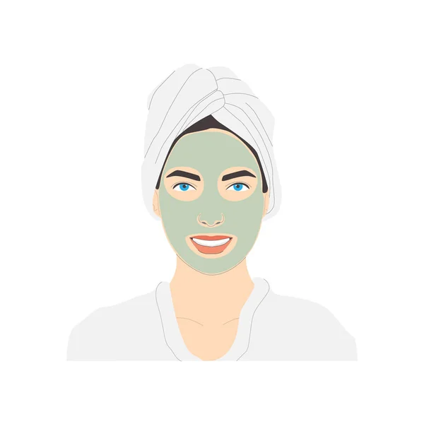 整容面部护理 面带微笑的女性 面部涂上绿色面膜 皮肤状况良好 白色背景下的病媒分离 矢量说明 — 图库矢量图片