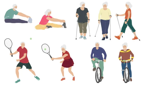 Los Ancianos Hacen Tenis Yoga Senderismo Nórdico Ciclismo Recreación Activa — Vector de stock