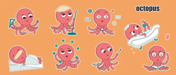 Set Van Acht Cartoon Rode Octopus Karakters Verschillende Poses Verschillende Vectorbeelden