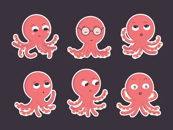 Set Van Zes Cartoon Rode Octopus Karakters Verschillende Poses Verschillende Stockvector