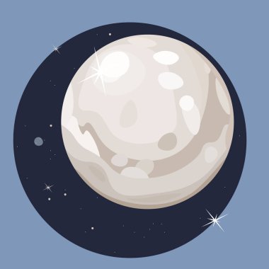 Ay, uydu ya da gezegen, yıldızlı ve parıltılı uzay resmi. Beyaz arkaplanda vektör çizimi. Vektör illüstrasyonu