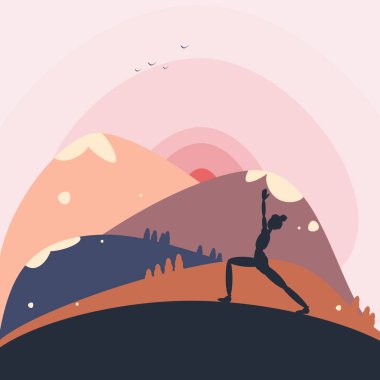 Arka planda parlak pembe, mavi ve turuncu dağların ve yogaya giden bir kadının siluetinin olduğu tepelerin çizimi. Poster, kartpostal vesaire için resim. Vektör illüstrasyonu