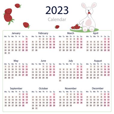 2023 takvimi, beyaz tavşan oturuyor ve çilek yiyor. Çizgi film karakteri ile vektör illüstrasyonu. Beyaz arka planda izole edilmiş. Vektör illüstrasyonu