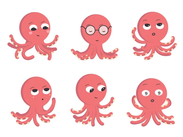Set Van Zes Cartoon Rode Octopus Karakters Verschillende Poses Verschillende Stockillustratie