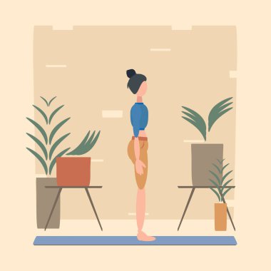 Bir kadın dağ duruşu ya da Tadasana 'da yoga yapıyor, kapalı alan bitkilerinin arka planına karşı. Poster ya da afiş için kullanılabilir. Vektör illüstrasyonu