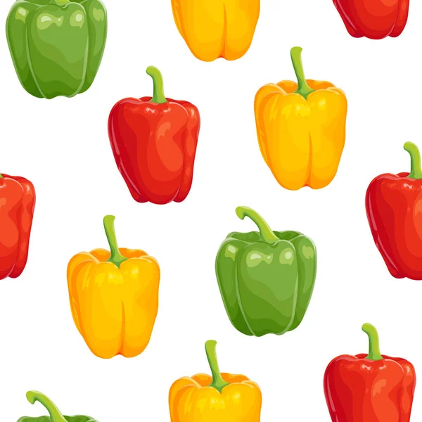 Три Цветных Сладких Перца Сочный Здоровый Овощ Хвостом Бесшовный Рисунок — стоковый вектор