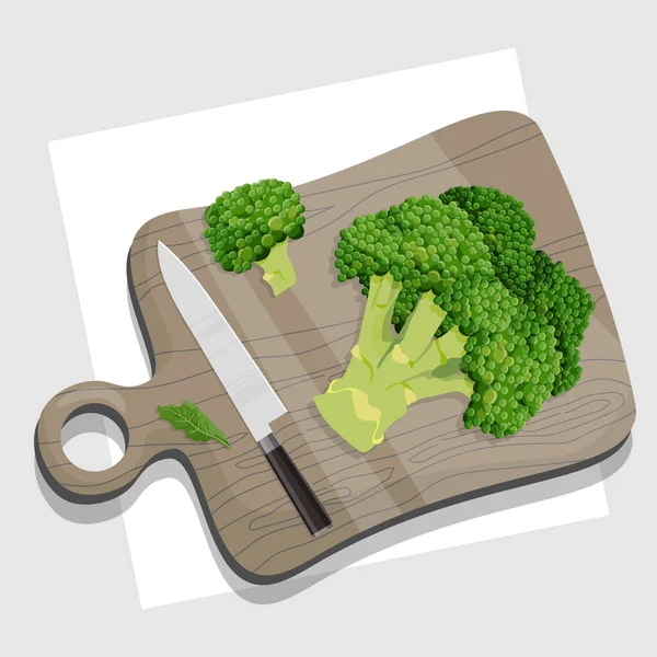 Broccoli Vista Laterale Tagliare Con Coltello Tagliere Una Pannocchia Una — Vettoriale Stock