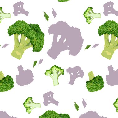 Broccoli side view and in section, a head of a plant of the cabbage family, a small green tree. Seamless pattern on white background with shadow. Vector illustration