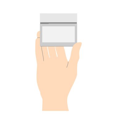 Kozmetik bakımı, elinde malzeme olan kavanoz, önden görüş, beyaz arka planda izole edilmiş vektör. Vektör illüstrasyonu