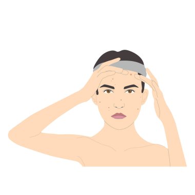 Kozmetik yüz bakımı, kızarık ya da sivilceli üzgün kadın, beyaz arka planda izole edilmiş vektör. Vektör illüstrasyonu