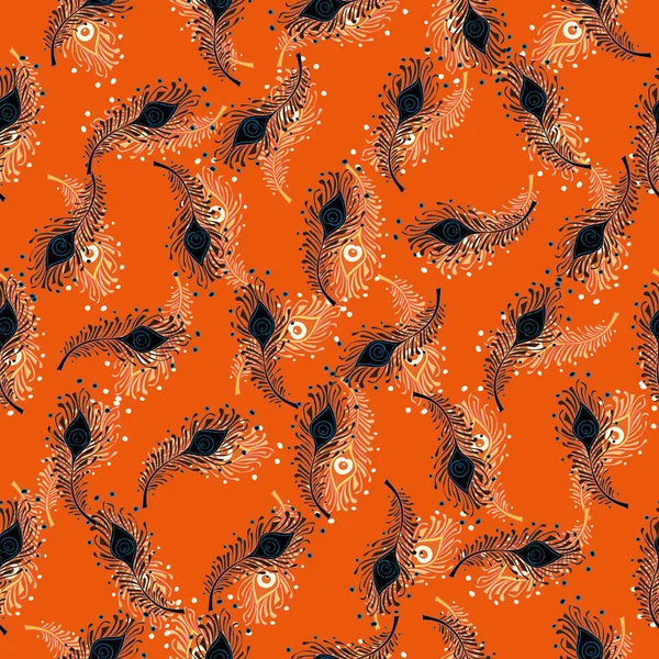 Pfauenfedern Nahtlose Muster Pfau Tapete Orange Hintergrund — Stockvektor