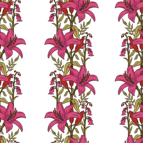 Botanische Lilienblüten Vektor Illustrationsset Nahtloser Musterhintergrund — Stockvektor