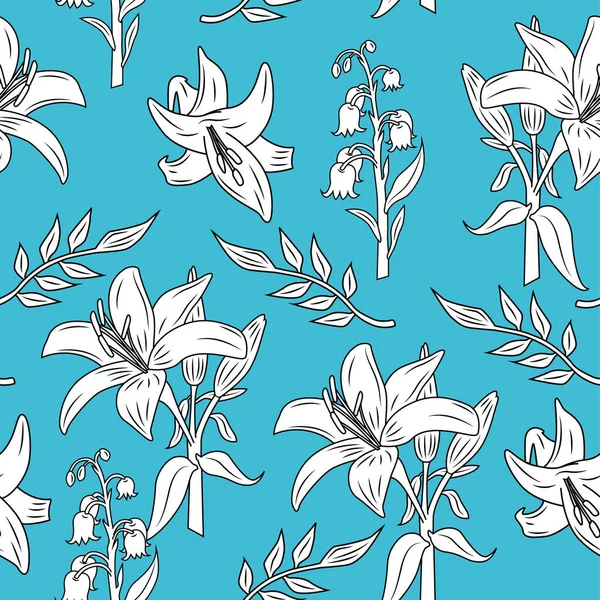 ユリの花植物の花 ベクターイラストセット シームレスなパターン背景 — ストックベクタ