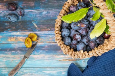 Bir sepet taze toplanmış erik işleniyor. Bir erik dilimi.