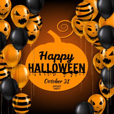 Cadılar Bayramınız kutlu olsun, Balon Hava Gerçekliği afişi. Korkunç gülümsemeler, hayalet simgeleri siyah, turuncu renkler. Cadılar Bayramı şablonu izole