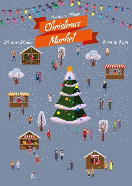 Plakát Vánočního Trhu Pozadí Vánoční Pohlednice Vyzdobeným Vánočním Stromečkem Lidé — Stockový vektor
