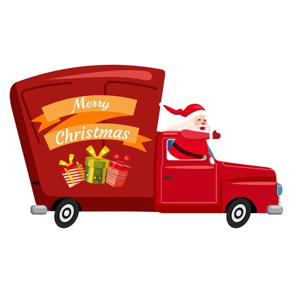 Santa Claus Drives Old Retro Car Truck Delivery Gift Boxes — Stock Vector