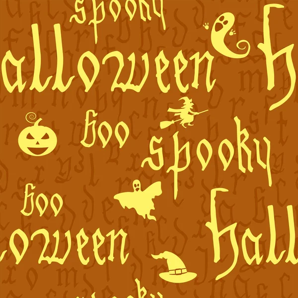 Patrón Sin Costuras Feliz Halloween Con Texto Calabaza Fantasma Bruja — Vector de stock