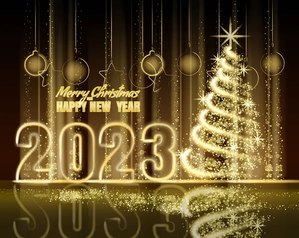 Vrolijk Kerstfeest Gelukkig Nieuwjaar 2023 Boom Gouden Lichten Stof Decoratie — Stockvector