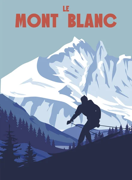 Monte Bianco Località Sciistica Poster Retrò Alpi Biglietto Viaggio Invernale — Vettoriale Stock