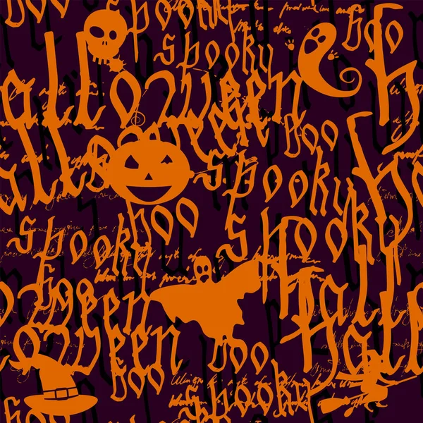 Happy Halloween Seamless Pattern Text Pumpkin Ghost Witcher Hand Drawn — Stock Vector