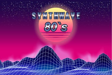 Sentetik dalga 80 'lerin retro pankartı buhar dalgası estetik arka planı. Dağlar 3D, günbatımı retrodalgası. Vektör illüstrasyonu fütürist