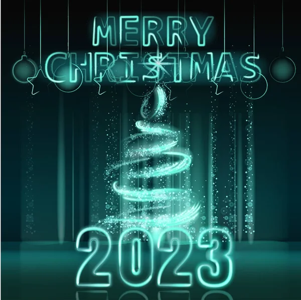 Pozadí Veselé Vánoce Šťastný Nový Rok 2023 Strom Modrá Světla — Stockový vektor
