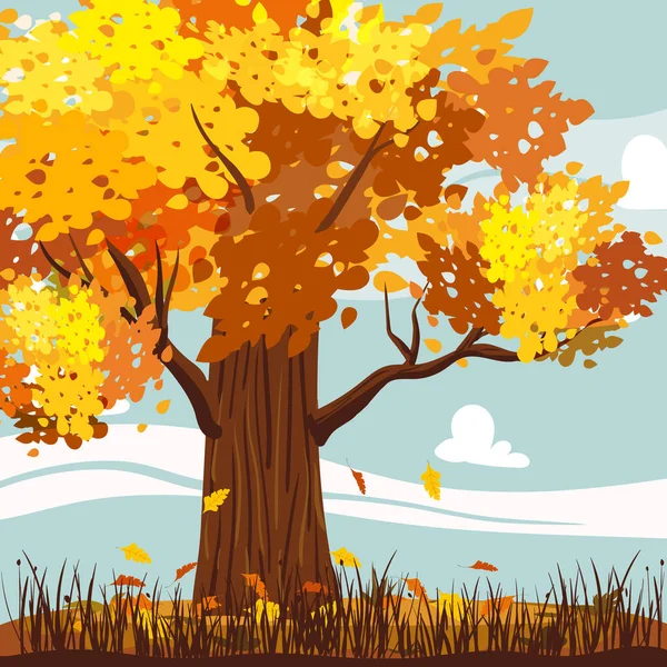 Осенний Пейзаж Дубом Желтый Оранжевый Опавшие Листья Сельская Сезонная Сцена — стоковый вектор
