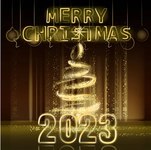 メリークリスマスとハッピー新年2023年 暗い背景に木の金のライトダスト装飾 黄金のぼやけた魔法の輝き メリークリスマスのお祝い ベクターイラストバナーグリーティングカード — ストックベクタ