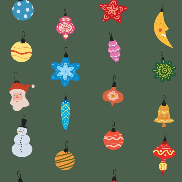 Retro Navidad Bolas Patrón Sin Costuras Juguetes Doodle Iconos Vintage — Vector de stock