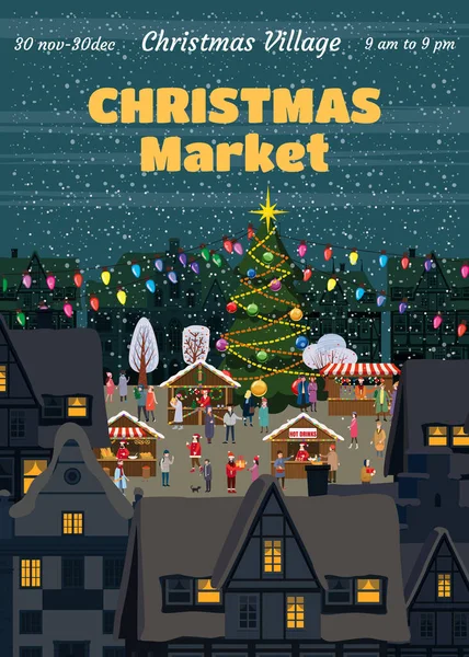 Plakát Vánoční Trh Náměstí Vánoční Pohlednice Vyzdobeným Vánočním Stromečkem Stánky — Stockový vektor