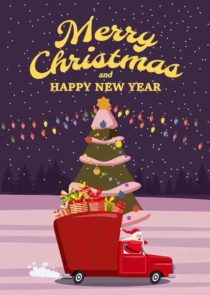 Санта Клаус Водит Старую Ретро Машину Грузовик Весёлого Плаката Рождеством — стоковый вектор