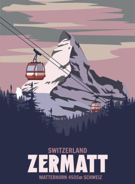 Zermatt Kayak Tesisi posteri, retro. Alpes Winter seyahat kartı, kırmızı teleferik, klasik. Vektör illüstrasyonu