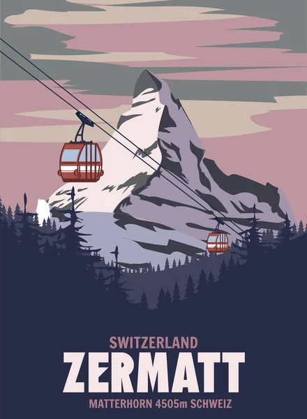Zermatt Ski 리조트 포스터 알프스 곤돌라 빈티지 일러스트 — 스톡 벡터