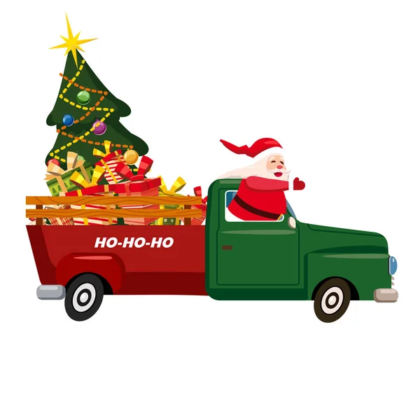Funny Santa Claus Drives Old Retro Car Truck Delivery Christmas — Stock Vector