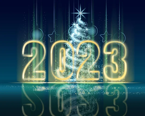 メリークリスマスとハッピーニューイヤー2023年の背景に 木の青のライトダスト装飾 暗い背景に青のぼやけた魔法の輝き メリークリスマスのお祝い ベクターイラストバナー — ストックベクタ